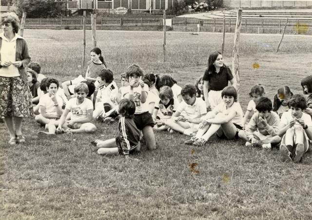 Sports Day. Craig in the front making a thumbs-up sign