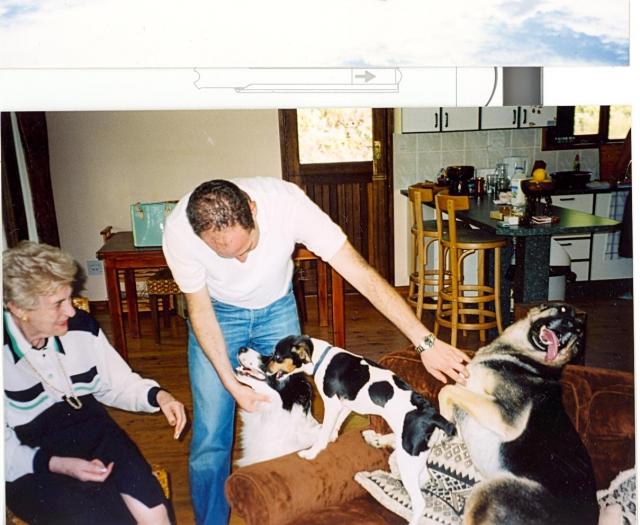 Playing with three dogs simultaneously. Granny Helen visiting at Wilderness.