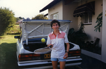 Ready for Tennis. In front of Toyota Cressida.