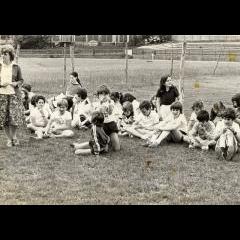 Sports Day. Craig in the front making a thumbs-up sign